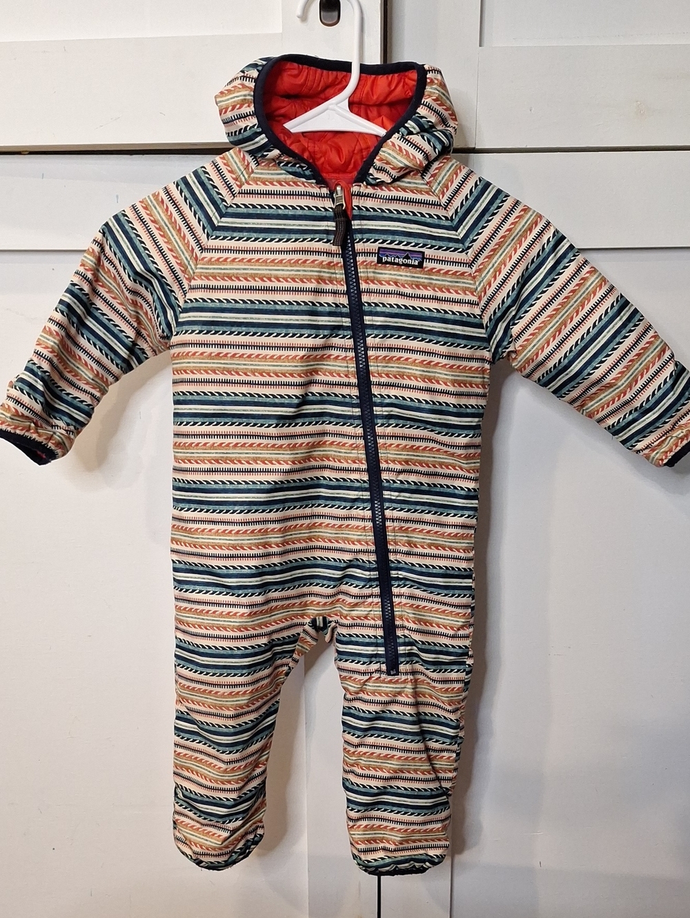 Patagonia Striped Quilted Hooded One-Piece in Navy, Cream & Red